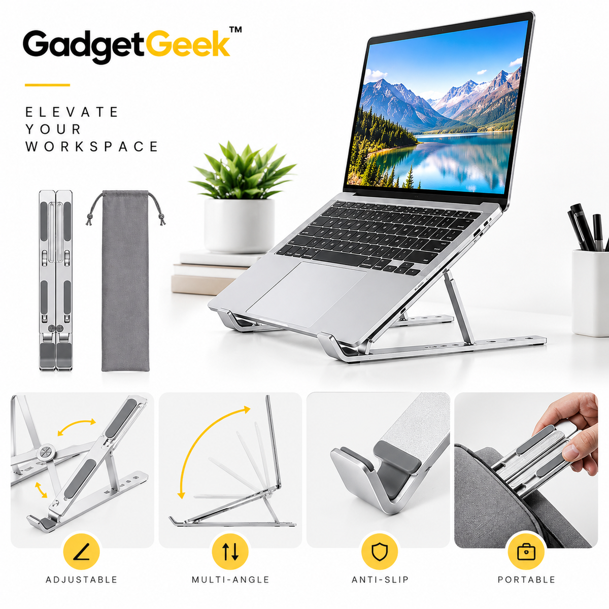 GadgetGeek Adjustable Foldable Laptop Stand | Multi-Angle Aluminium Alloy Stand with Anti-Slip Silicone Pads & Carry Pouch