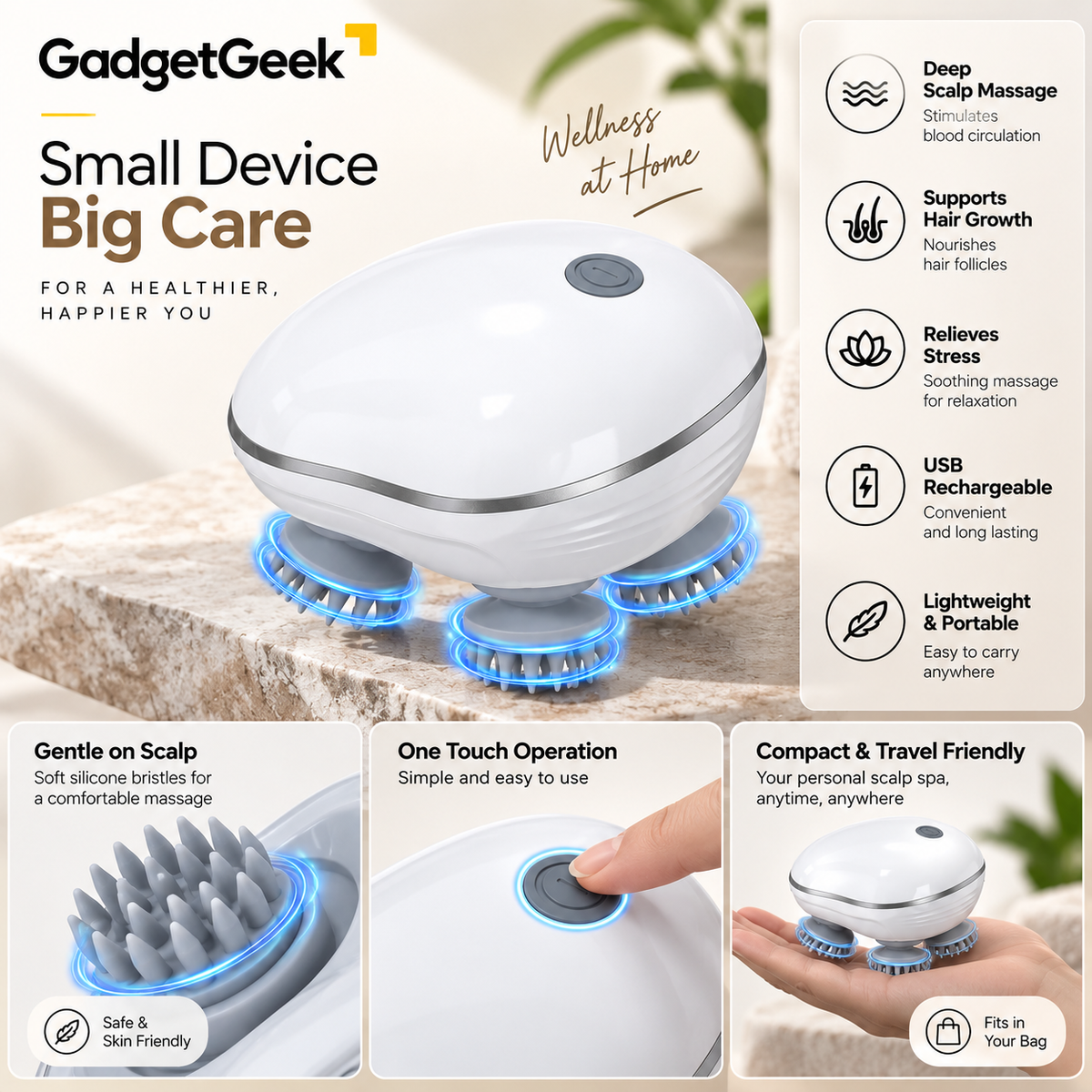 GadgetGeek Electric Scalp Massager | 360° Rotating Massage Heads | USB Rechargeable