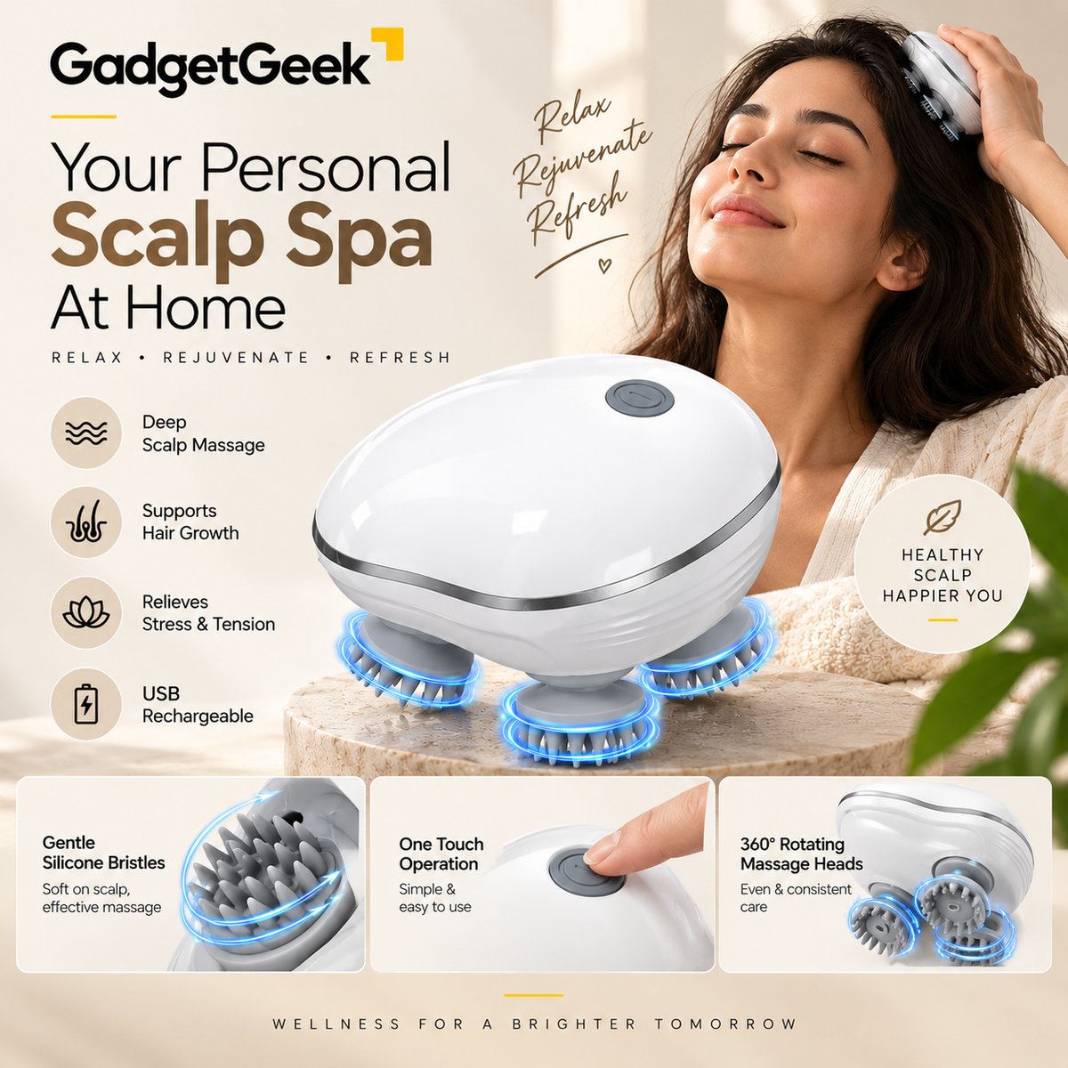 GadgetGeek Electric Scalp Massager | 360° Rotating Massage Heads | USB Rechargeable