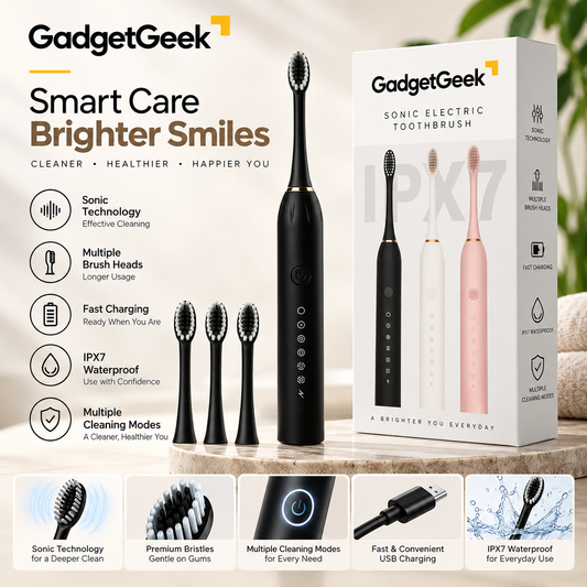 GadgetGeek Electric Toothbrush | 5 Cleaning Modes | IPX7 Waterproof | USB Rechargeable