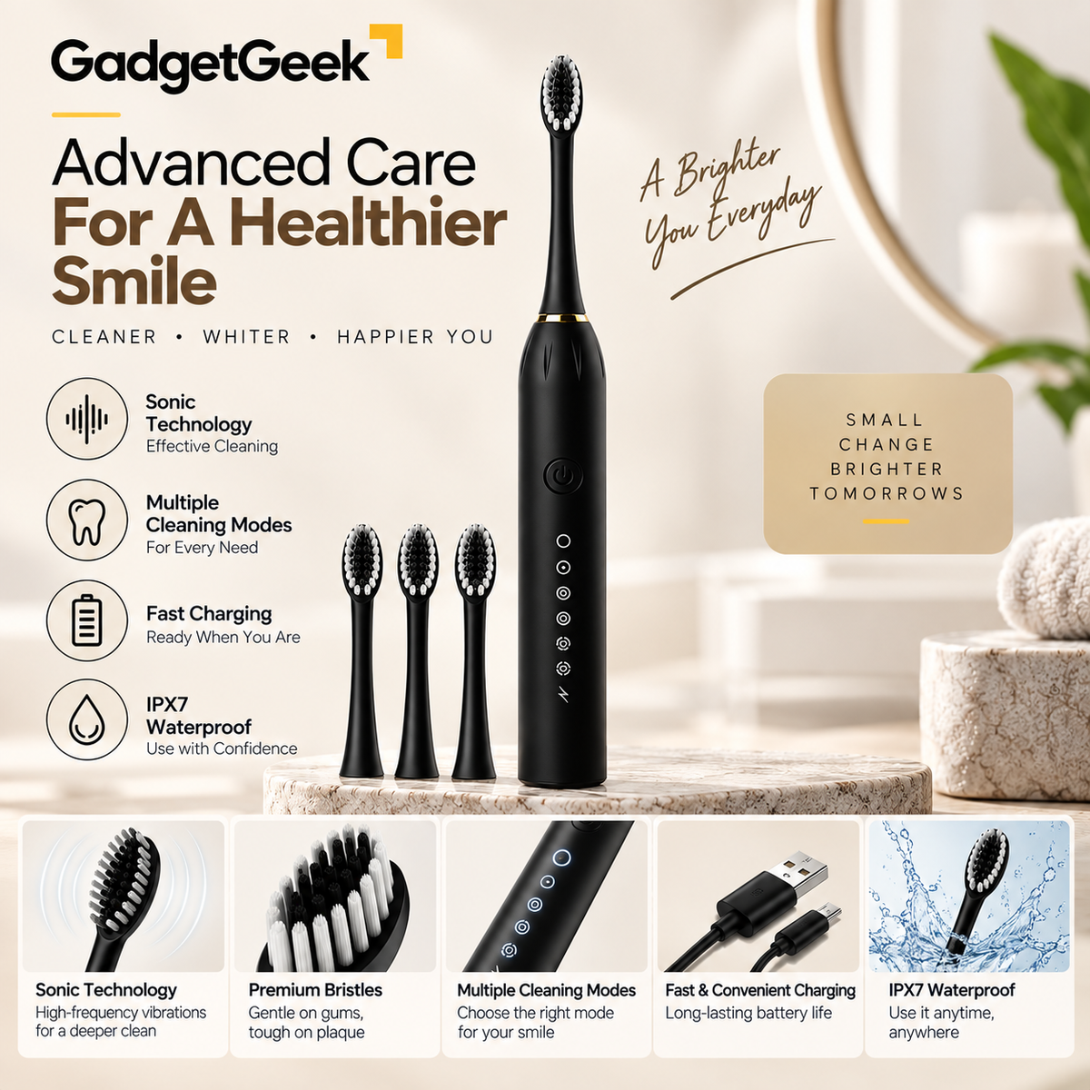 GadgetGeek Electric Toothbrush | 5 Cleaning Modes | IPX7 Waterproof | USB Rechargeable