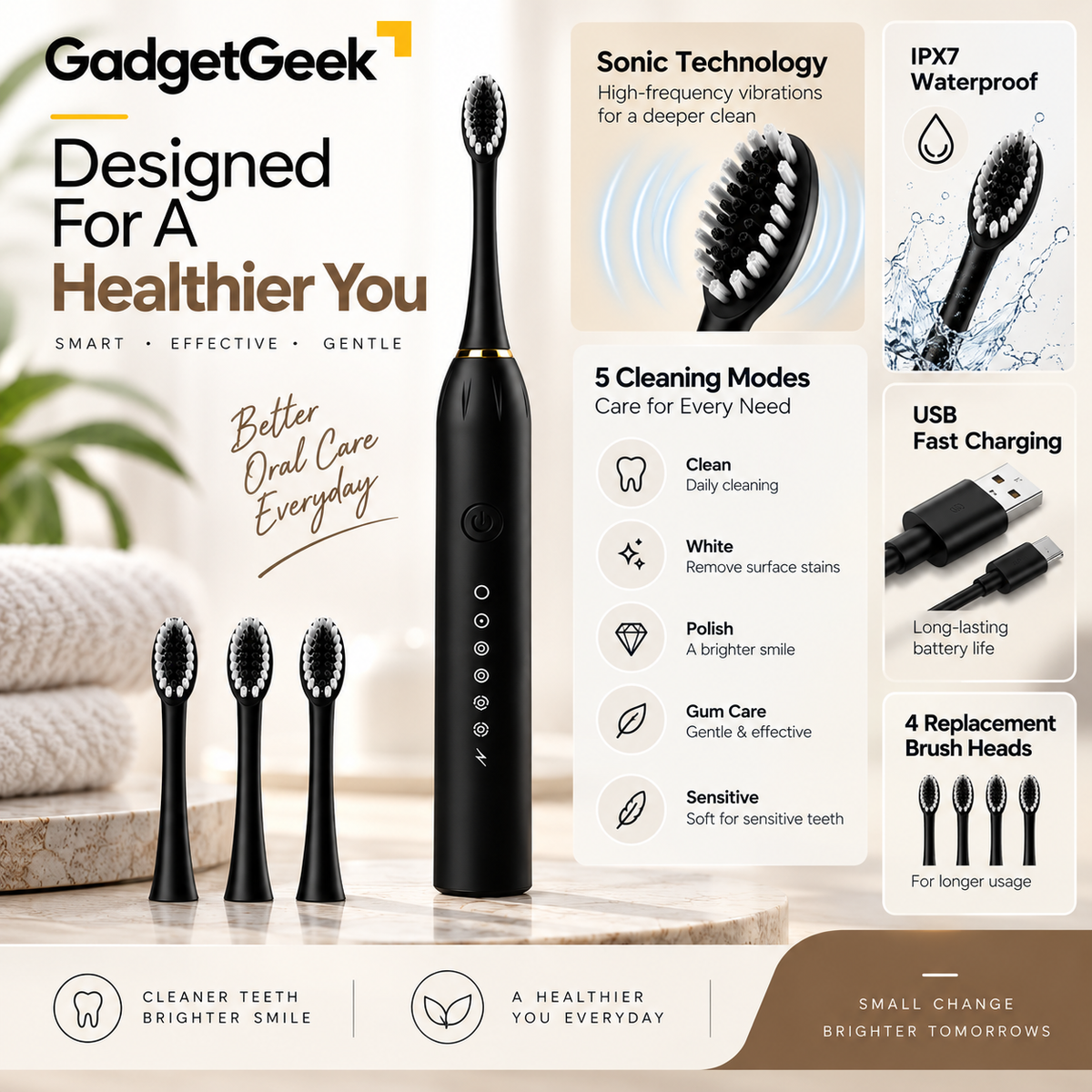 GadgetGeek Electric Toothbrush | 5 Cleaning Modes | IPX7 Waterproof | USB Rechargeable