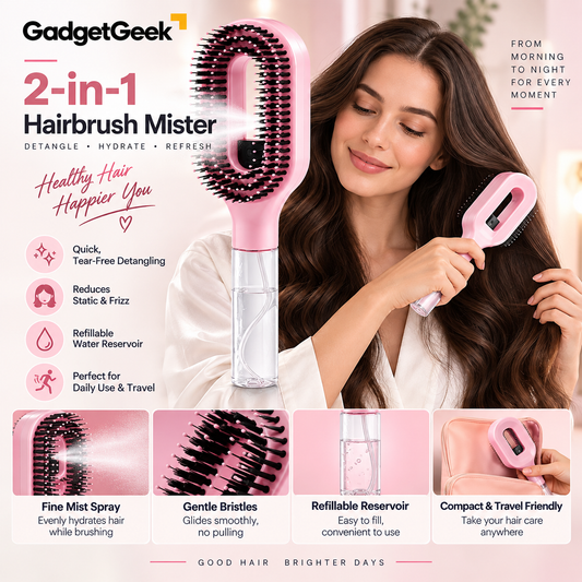 GadgetGeek 2-in-1 Hairbrush Mister | Fine Mist Spray Hair Brush | Detangling & Frizz Control