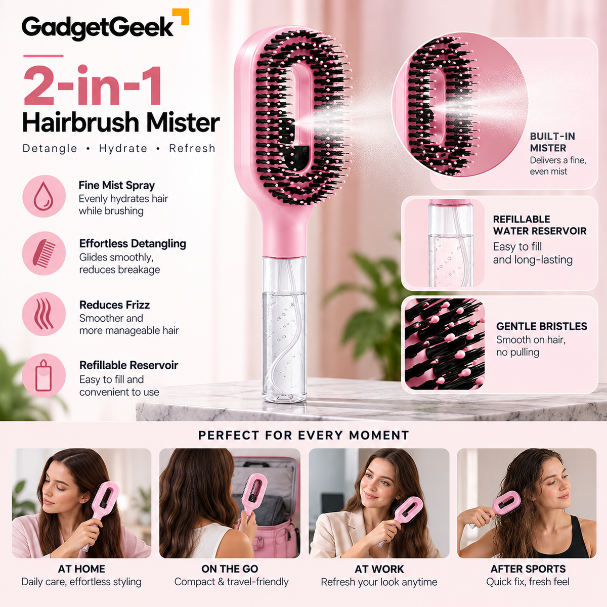 GadgetGeek 2-in-1 Hairbrush Mister | Fine Mist Spray Hair Brush | Detangling & Frizz Control