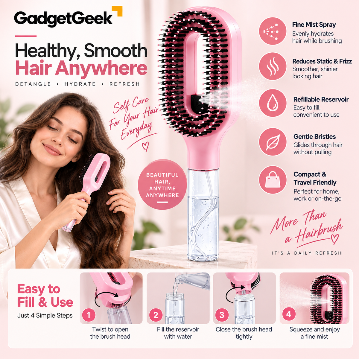 GadgetGeek 2-in-1 Hairbrush Mister | Fine Mist Spray Hair Brush | Detangling & Frizz Control