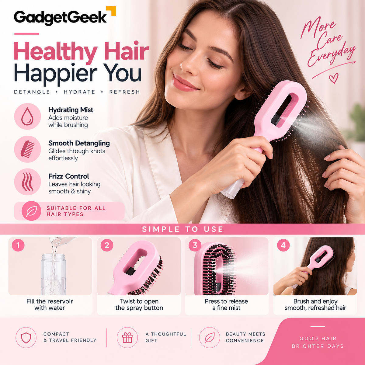 GadgetGeek 2-in-1 Hairbrush Mister | Fine Mist Spray Hair Brush | Detangling & Frizz Control