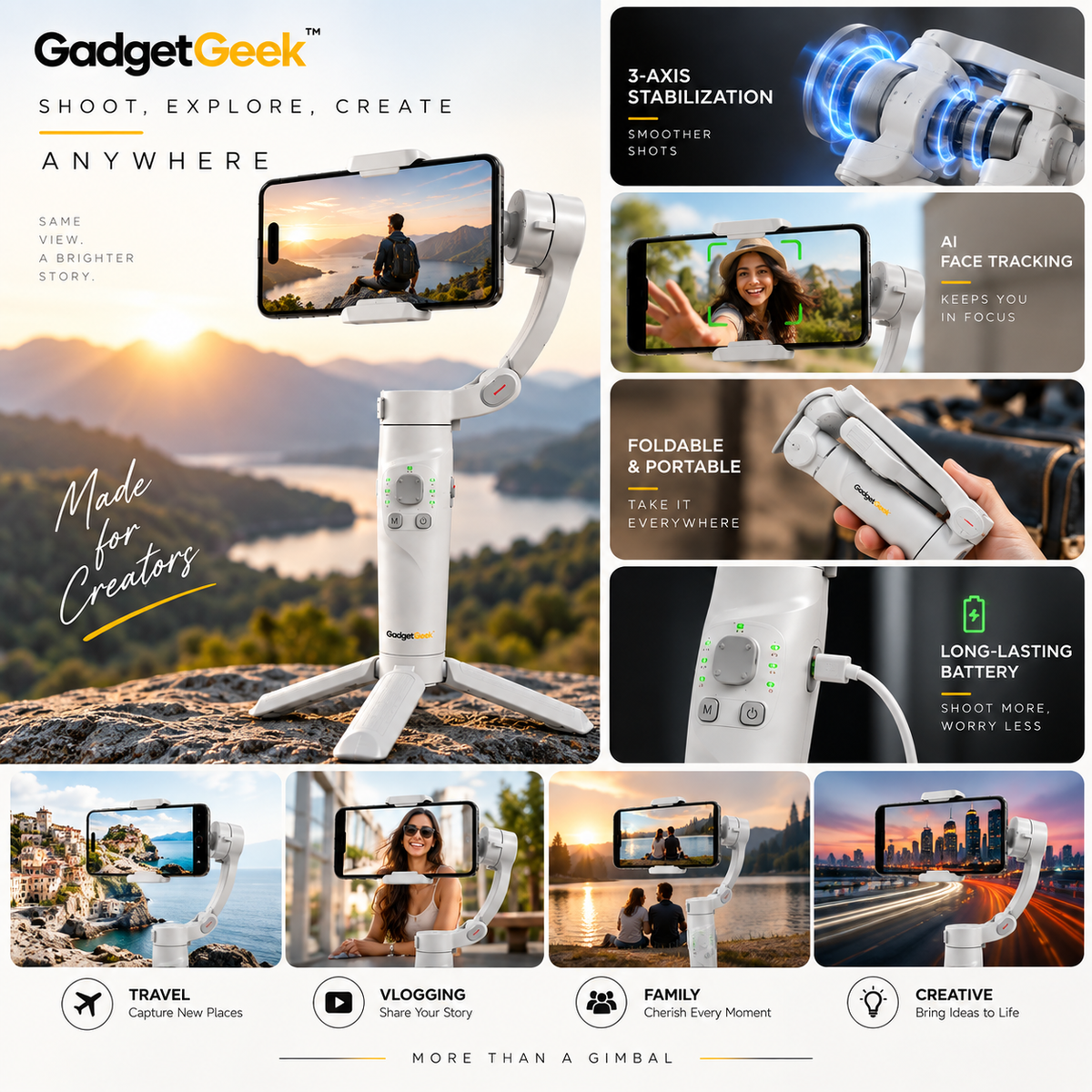 GadgetGeek M1 3-Axis Smartphone Gimbal Stabilizer with AI Face Tracking