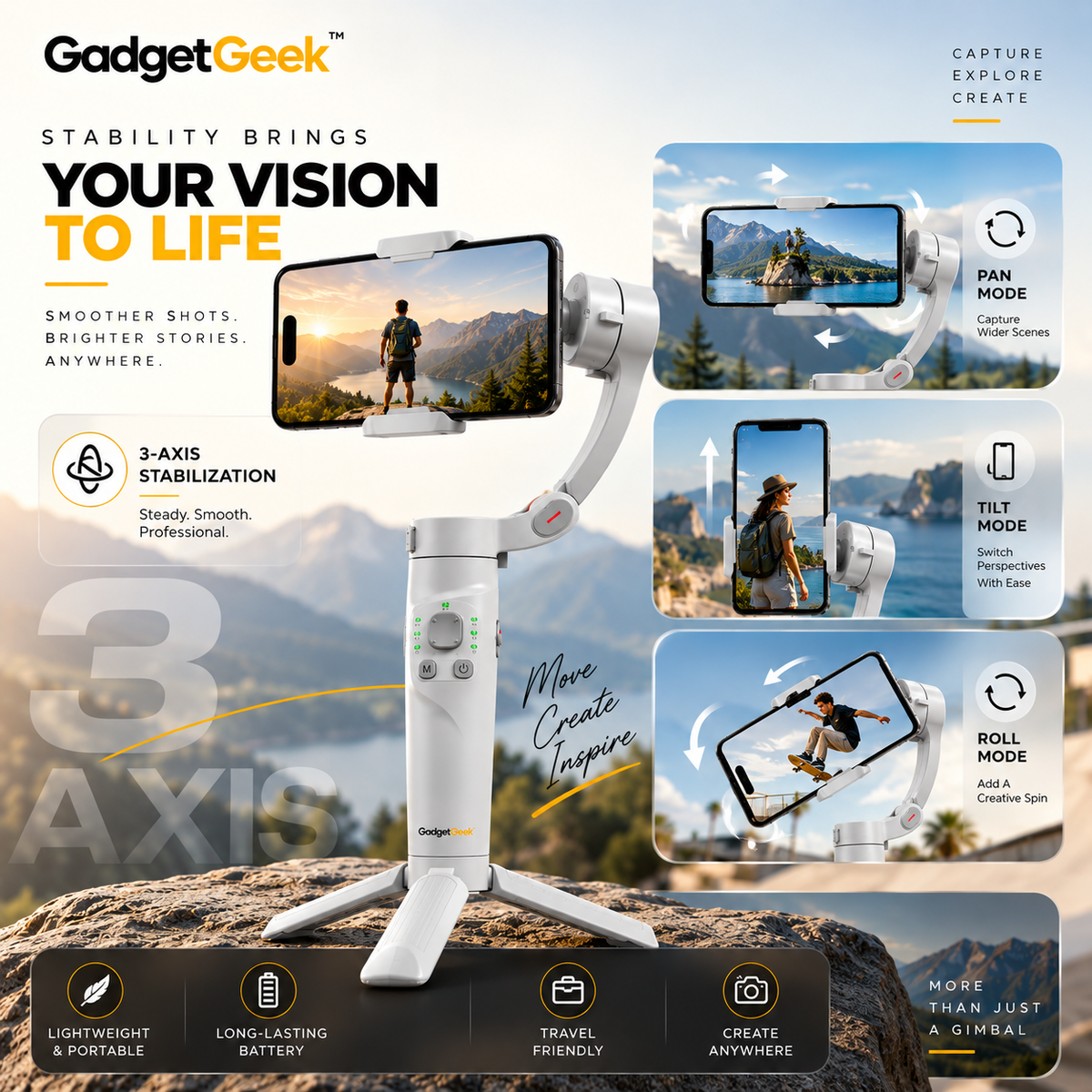 GadgetGeek M1 3-Axis Smartphone Gimbal Stabilizer with AI Face Tracking