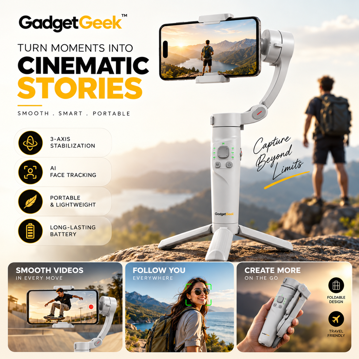 GadgetGeek M1 3-Axis Smartphone Gimbal Stabilizer with AI Face Tracking