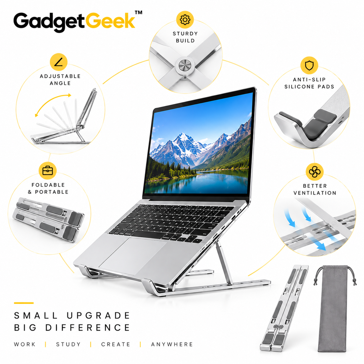 GadgetGeek Adjustable Foldable Laptop Stand | Multi-Angle Aluminium Alloy Stand with Anti-Slip Silicone Pads & Carry Pouch