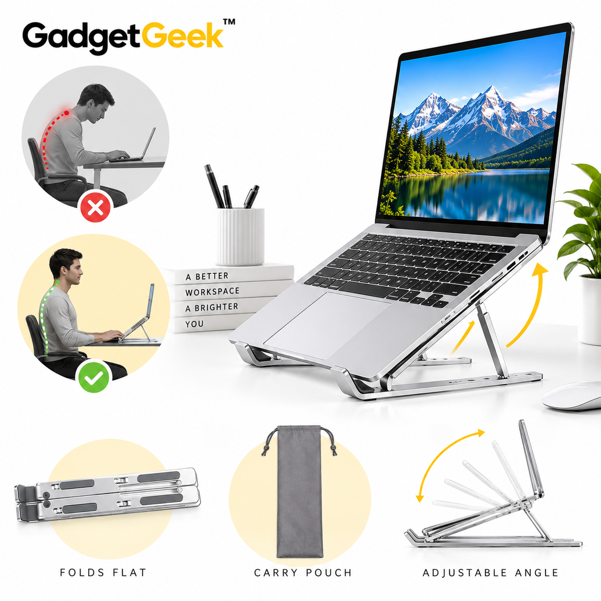 GadgetGeek Adjustable Foldable Laptop Stand | Multi-Angle Aluminium Alloy Stand with Anti-Slip Silicone Pads & Carry Pouch