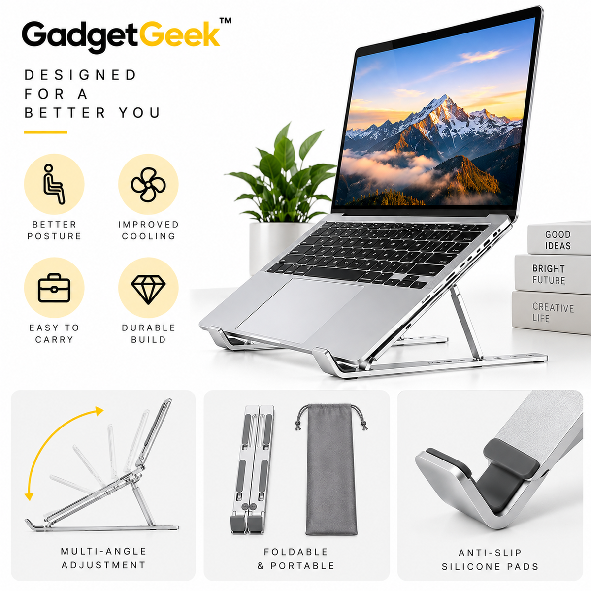 GadgetGeek Adjustable Foldable Laptop Stand | Multi-Angle Aluminium Alloy Stand with Anti-Slip Silicone Pads & Carry Pouch